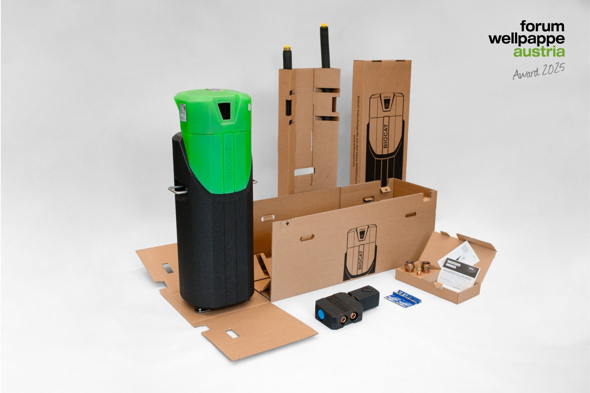 Nachhaltiges Produkt, nachhaltige Logistik – die Verpackung der BIOCAT KS-C Kalkschutzgeräte überzeugt durch ihre konsequent durchdachte Konstruktion für den globalen Versand.